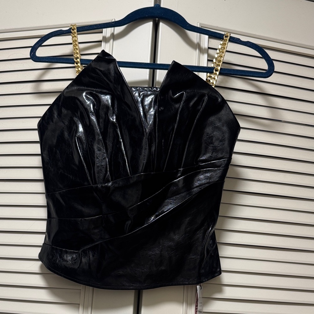 Black Faux Leather Chain-Strap Cami Top